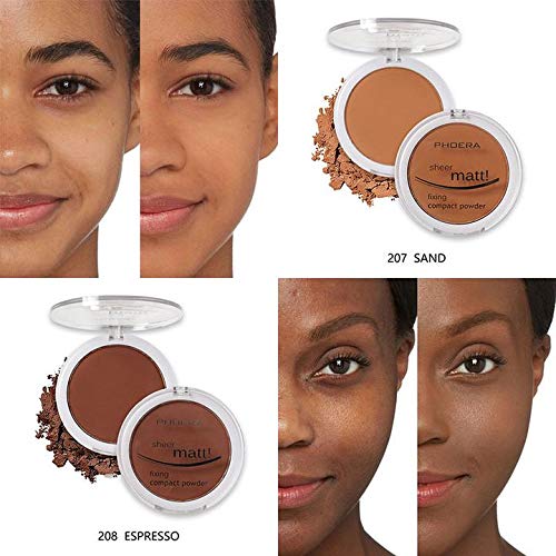AQUAPURITY PHOERA Sheer Matte Compact Powder Fixing Powder Makeup Base Fixer Setting Powder Foundation Fixing Compact Pressed Powder Long Lasting Make Up Fixer Skin Vitamin E Beauty Blender (207 SAND)