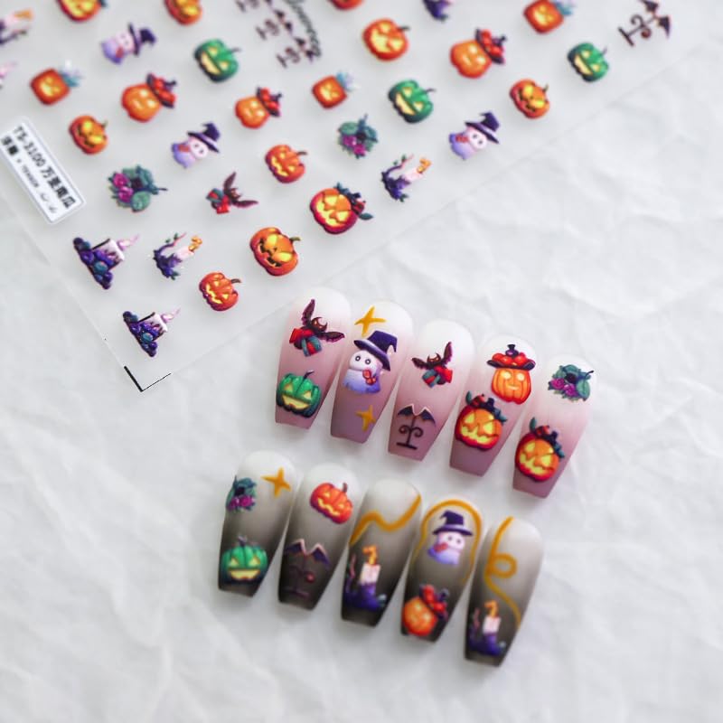 Halloween Nail Stickers, Bat, Pumpkins, Ghosts Nail Art Design 5D Manicure Decal Self-Adhesive Nail Supplies Accessories for Women