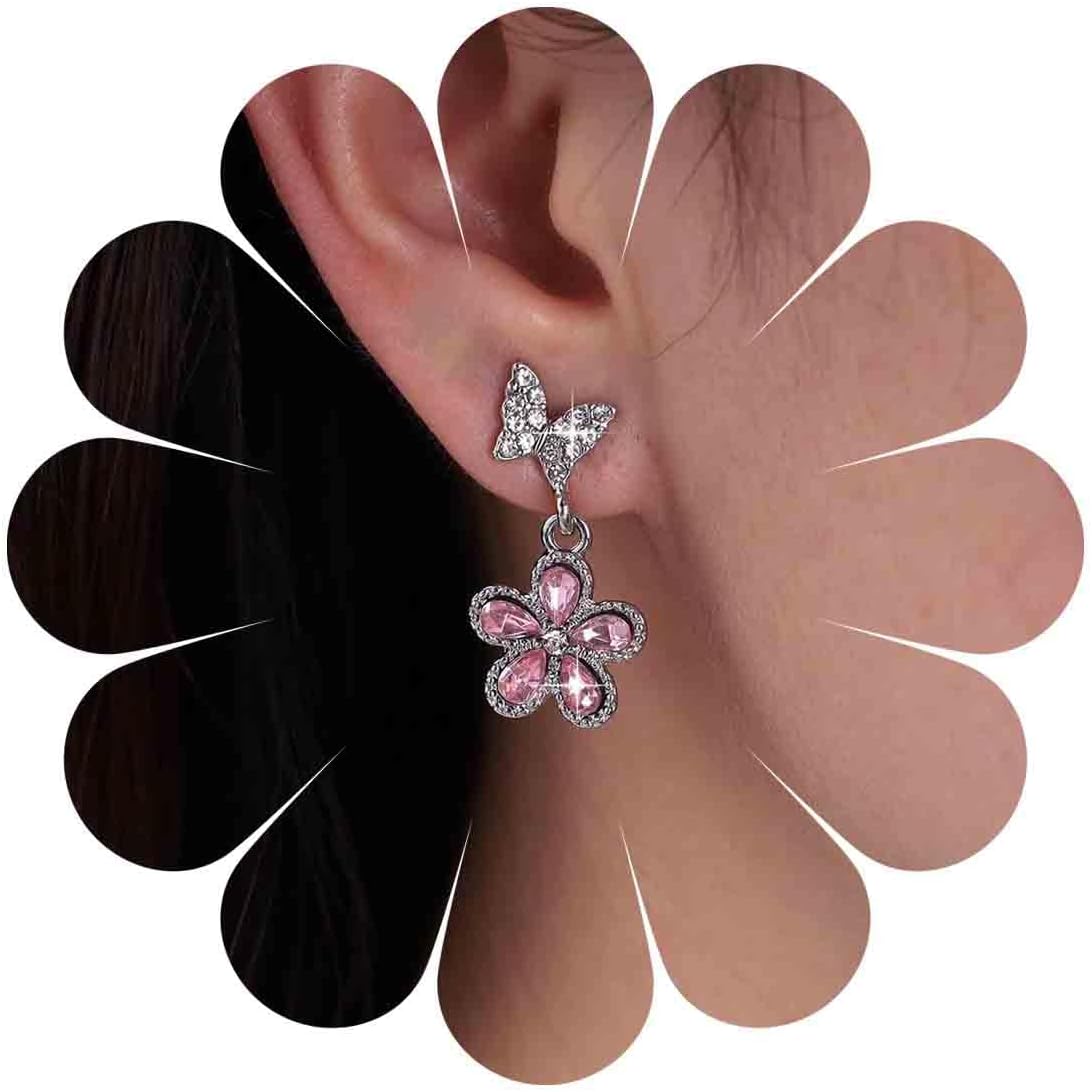 Vintage Pink Crystal Flower Earrings Butterfly Flower Drop Earrings Silver Rhinestone Butterfly Stud Earrings Pink Gemstone Butterfly Earrings Jewelry for Women