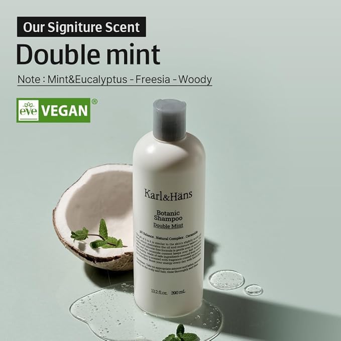 Karl&Hans Botanic Double Mint Vegan Body Wash - Organic, Moisturizing, Natural Shower Gel with Peppermint for Men and Women - Sulfate and Silicone-Free, 13.2 fl oz