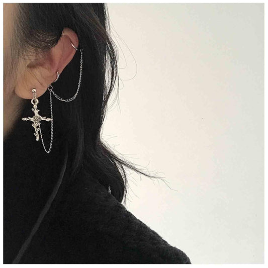 Cross Chain Cuff Earrings Silver Cross Dangle Chain Earrings Long Crucifix Drop Earrings Religious Ear Cuff Wrap Chain Earrings Jewelry for Women and Girls