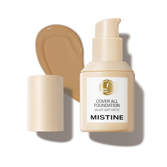 MISTINE Liquid Foundation Makeup Full Coverage Foundation for Oily Skin,24 Hour Oil Control Makeup Foundation,Skin-Caring,Moisturizing Formula,Waterproof Foundation,Matte Finish,Satin,1 Fl Oz