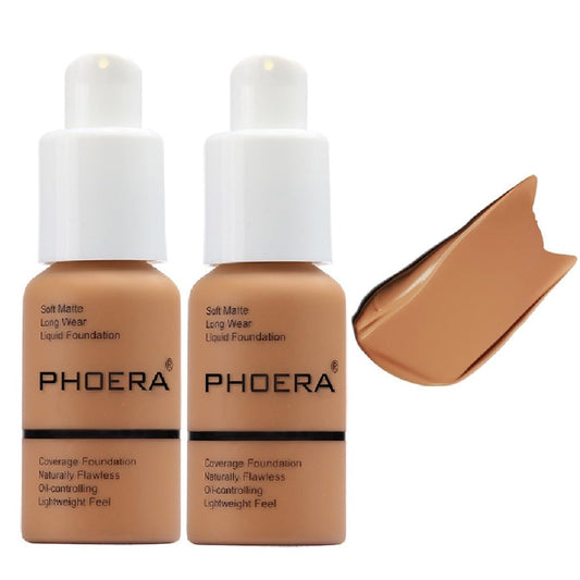 2Pack PHOERA Foundation,Full Coverage Foundation, Concealer Foundation Full Coverage Flawless New 30ml PHOERA 24HR Matte Oil Control Concealer(108 - Tan)