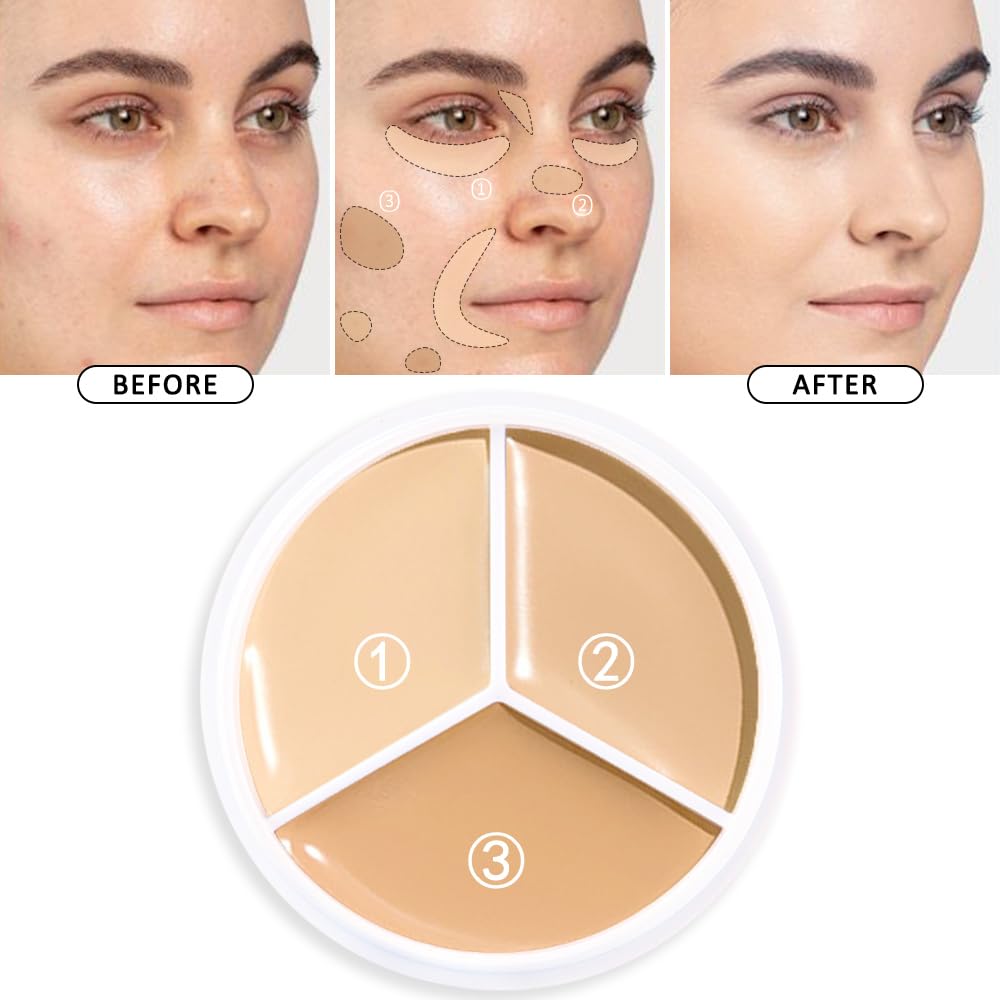 Kaely 2Pcs Tri Color Concealer Pot,Color Correcting Concealer for Dark Circles Spots,Cream Concealer Full Coverage,Foundation Contour Makeup Palettes,under Eye Brightener corrector de ojeras,01