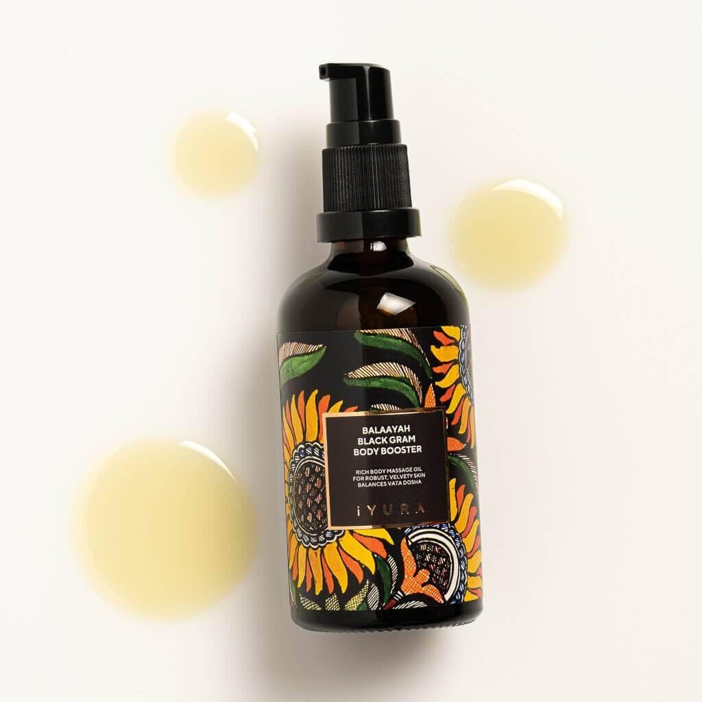 iYURA Balaayah Black Gram Body Booster Oil | Ayurvedic Massage & Moisturizing Body Oil | Indulging aroma of Vanilla & Frankincense | Luxurious, Fast-Absorbing & Non-Sticky | 3.38 fl oz