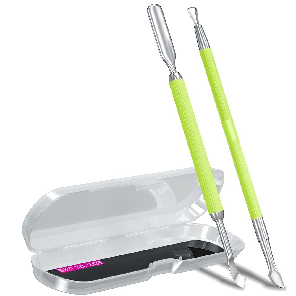 2PCS Metal Neon Green Cuticle Pusher and Cutter Remover Salon Quality Stainless Steel Gel Nail Polish Peeler Scraper Durable Manicure and Pedicure Cleaner Tool For Fingernail and Toenail