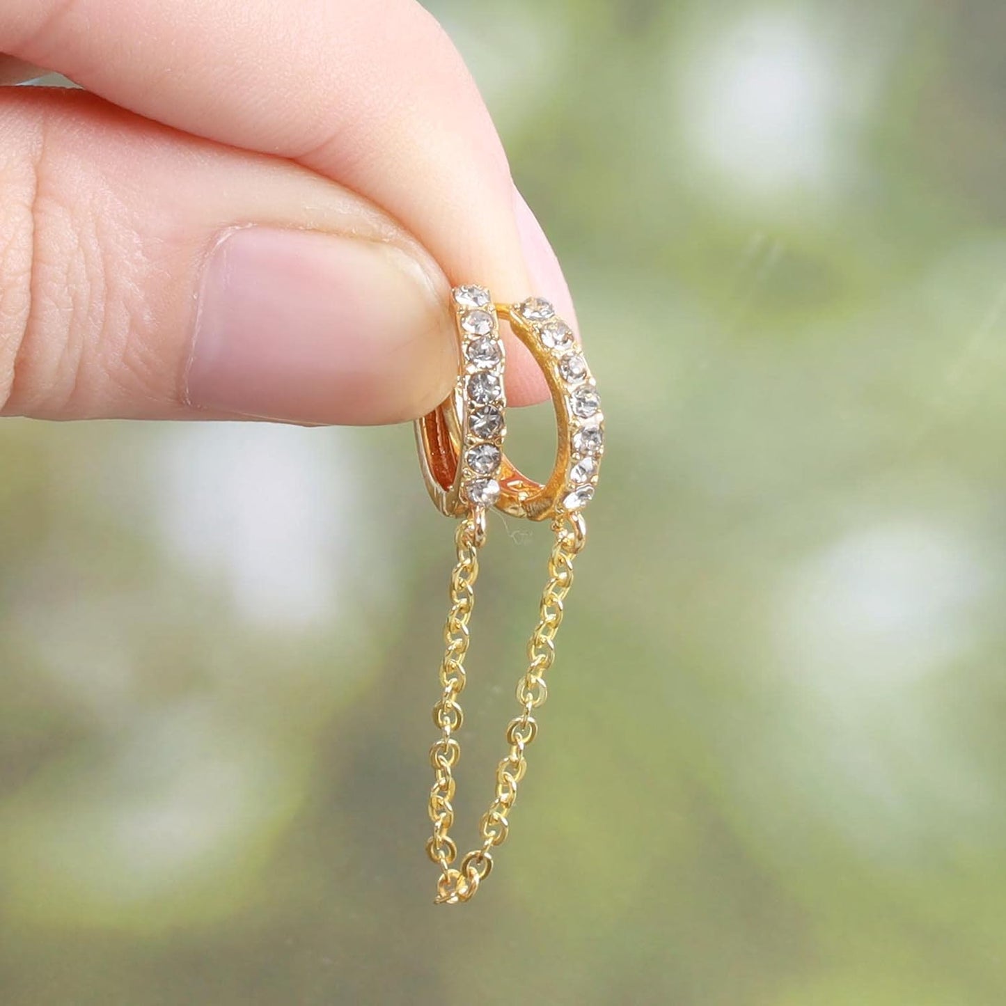 Boho Double Chain Hoop Earrings Gold Cz Hoop Chain Earrings Punk Dangle Chain Earrings Rhinestone Huggies Studs Earrings Jewelry for Women and Girls Gifts