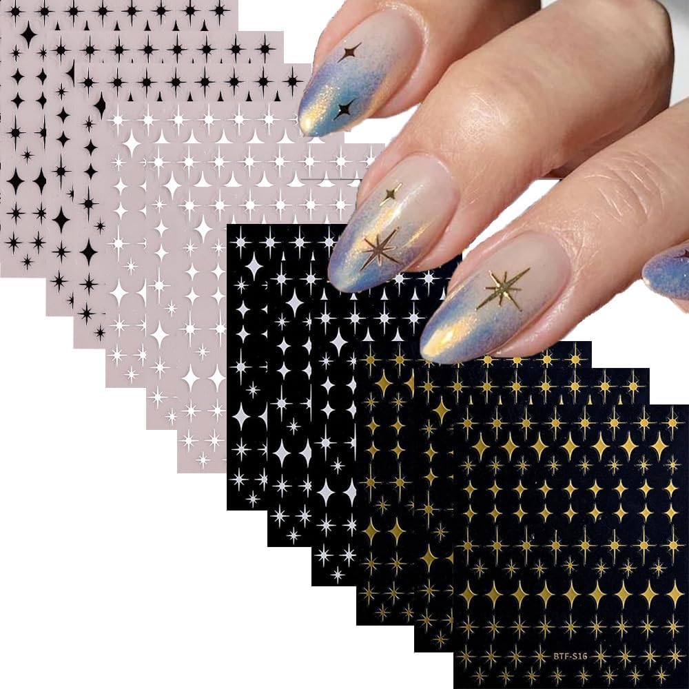 12 Sheets Star Nail Art Stickers 3D Self Adhesive Gold White Black Star Design Nail Art Decal Accessories for Women Acrylic Manicure DIY Decoration