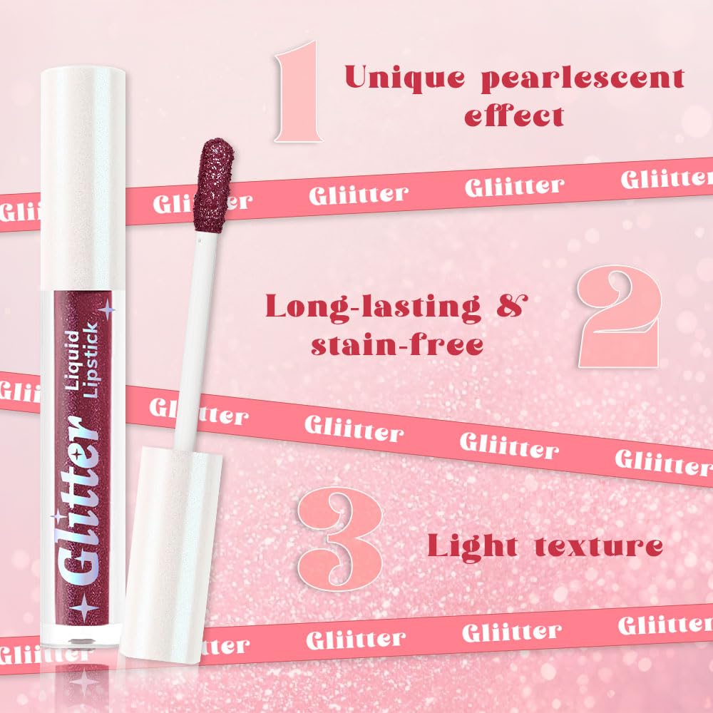 Plum Metallic Lipstick for Women,Lightweight Glitter Sparkling Liquid Lipsticks,Shimmer Lip Gloss Stain Long Lasting Waterproof Smudge Proof Non-Drying 24 Hour Full Coverage Lip Makeup,Vegan