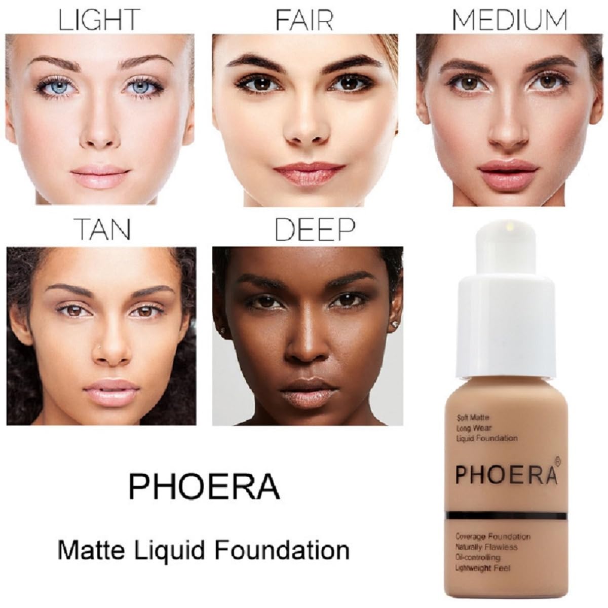 2 Pack PHOERA Foundation 101- Porcelain and102- Nude, Flawless Soft Matte Liquid Foundation 24 HR Oil Control Concealer Foundation Makeup