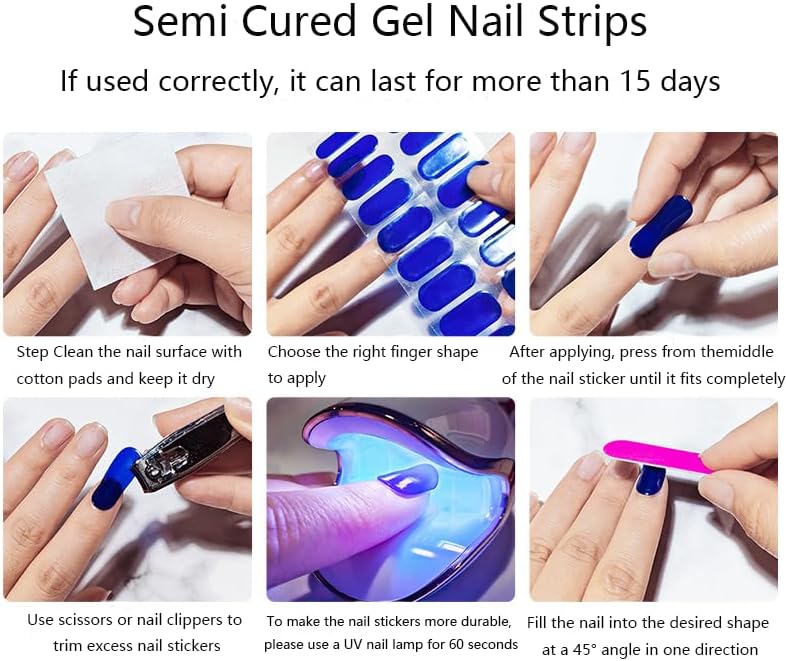 Semi Cured Gel Nail Strips with Shark Designs Gel Nail Stickers Blue Glossy French Tip Salon Quality & Easy to Use 20 Pcs for Women