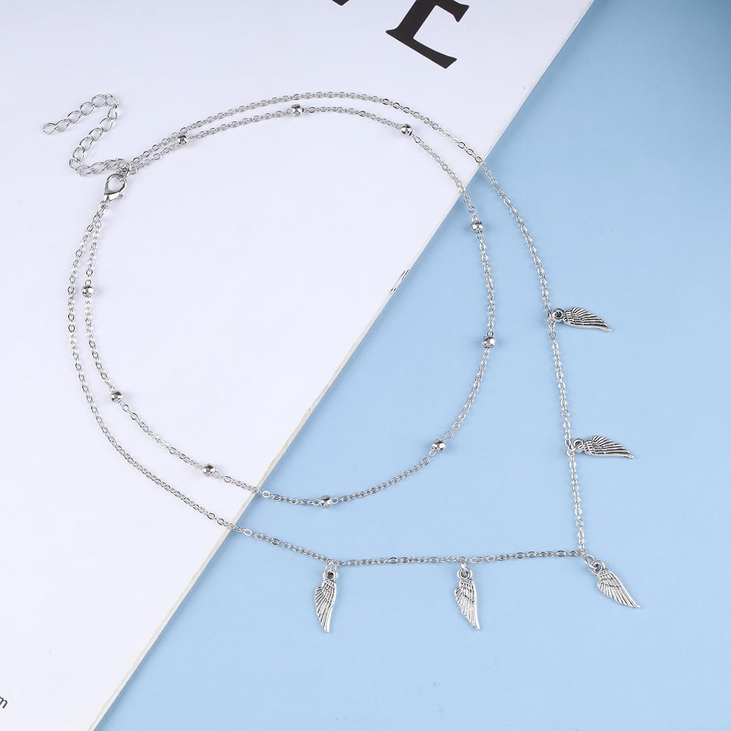 Vintage Layered Wing Dangle Necklace Angel Wing Pendant Necklace Tiny Wing Choker Necklace Silver Angel Wing Necklace Jewelry for Women