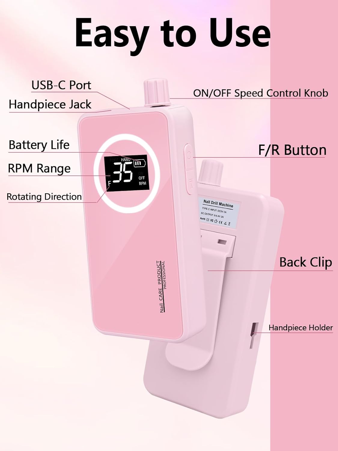 Nail Drill, Portable Electric Nail File 50000RPM, Rechargeable Nail Drill Professional with Bits for Acrylic Gel Nails, E-File Machine Manicure Polishing for Salon Home,Pink