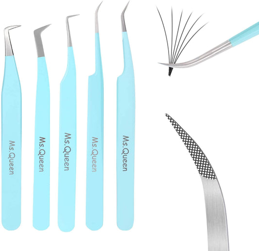 Ms.Queen Lash Tweezers for Eyelash Extensions,Professional 5Pcs Fiber Tip Curved Isolation 45 90 Degree Boot Volume Lash Tweezers for Extensions, Blue