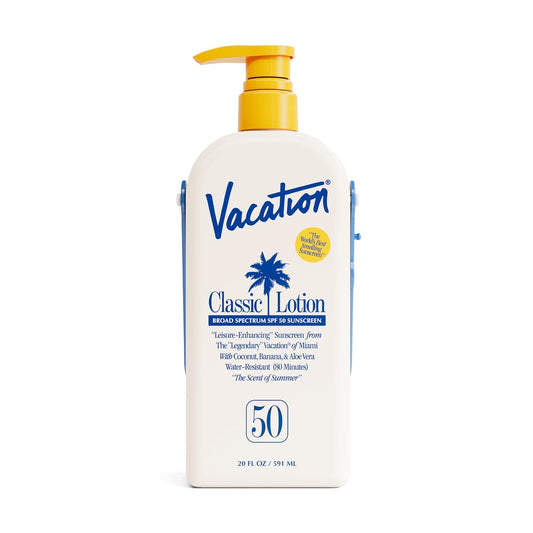 Vacation Classic Lotion SPF 50 Sun Jug, Broad Spectrum Bulk Sunscreen SPF 50, Water Resistant Sunblock, Suntan Lotion with Pump, Vegan, Family-Size, 20 Fl. Oz.