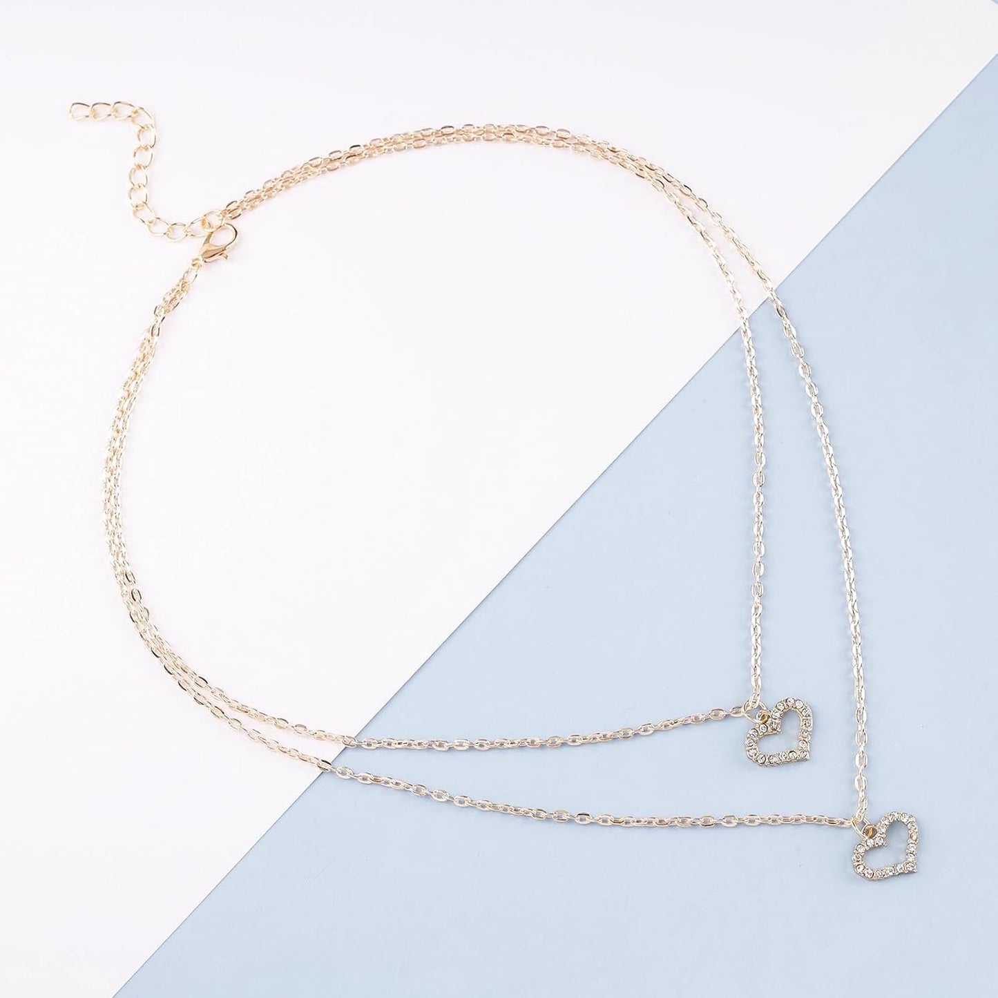 Boho Layered Heart Choker Necklace Crystal Heart Pendant Necklace Gold Double Heart Necklace Cz Open Heart Necklace Chain Jewelry for Women