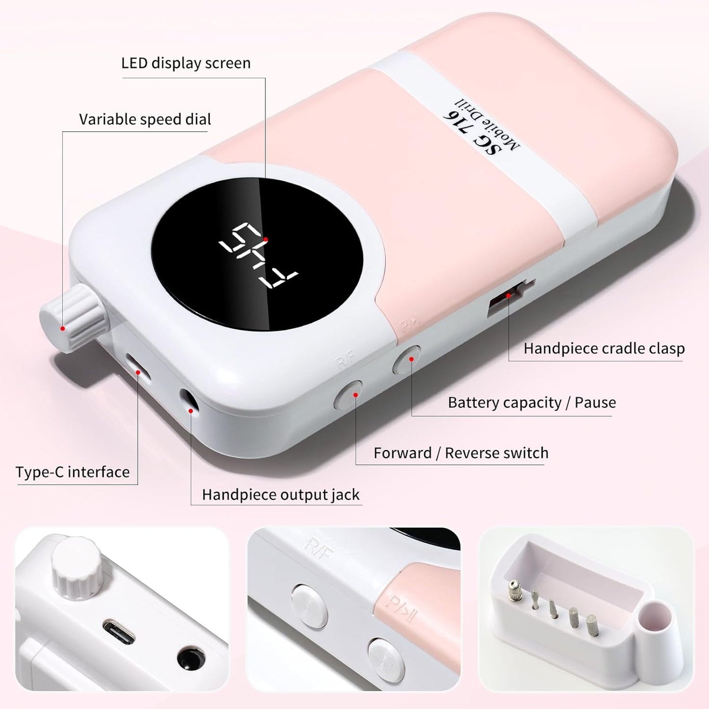 Electric Nail Drill Professional Kit - 45000RPM Electric Nail File Efile Portable Nail Drill Cordless with Bits & Base,E File Machine Nail Grinder for Women (Pink)