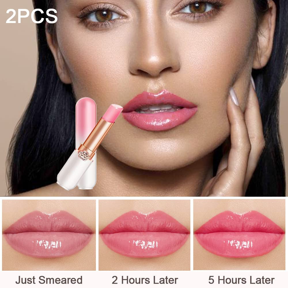evpct 2Pcs Peach Tinted Lip Balms PH Lip Color Changing Lipstick Balm Stain Gift Set Queen for Women Girls Korean Mood Long Lasting Color Change Light Pink Lipstick Lip Tint Makeup Lip Plumper Gloss