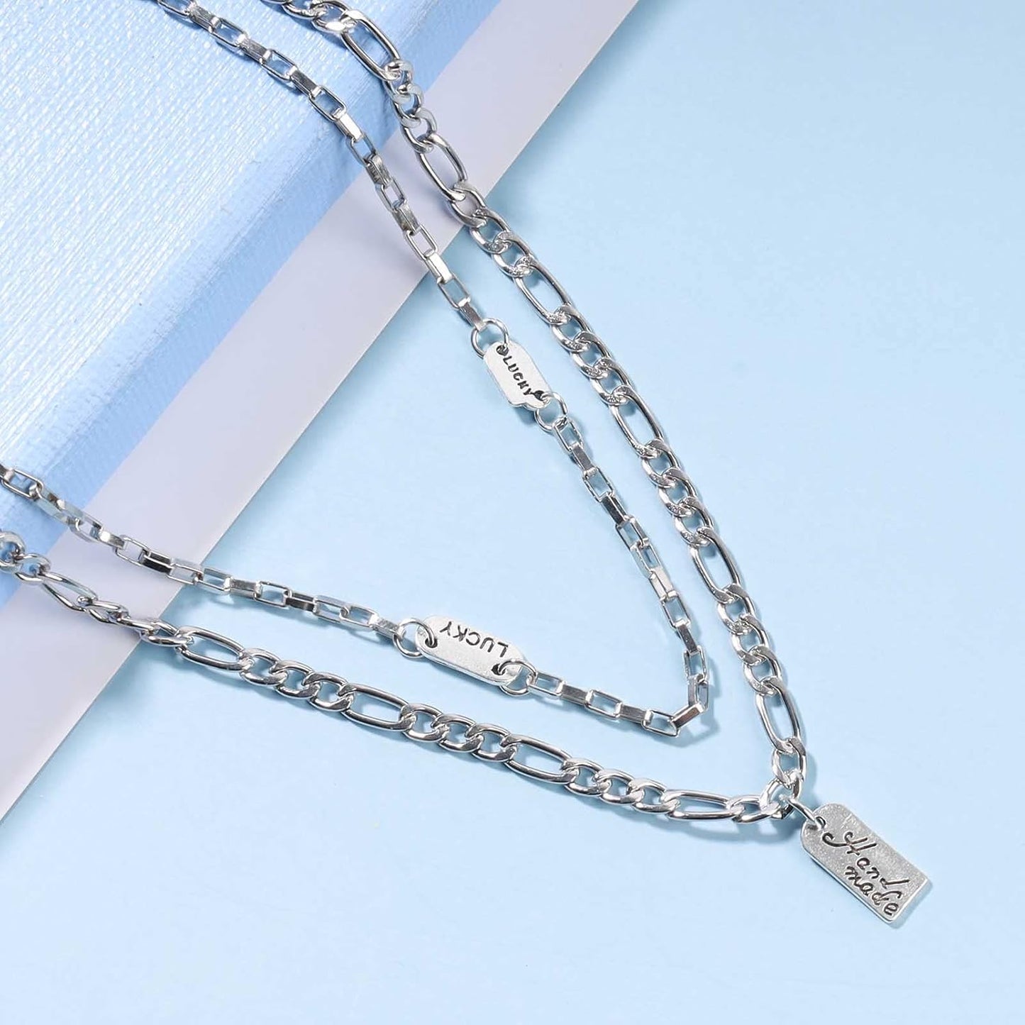 Boho Layered Silver Bar Necklace Choker Figaro Chain Necklace Vintage Layering Link Chain Necklace Geometric Necklace Jewelry for Women and Girls
