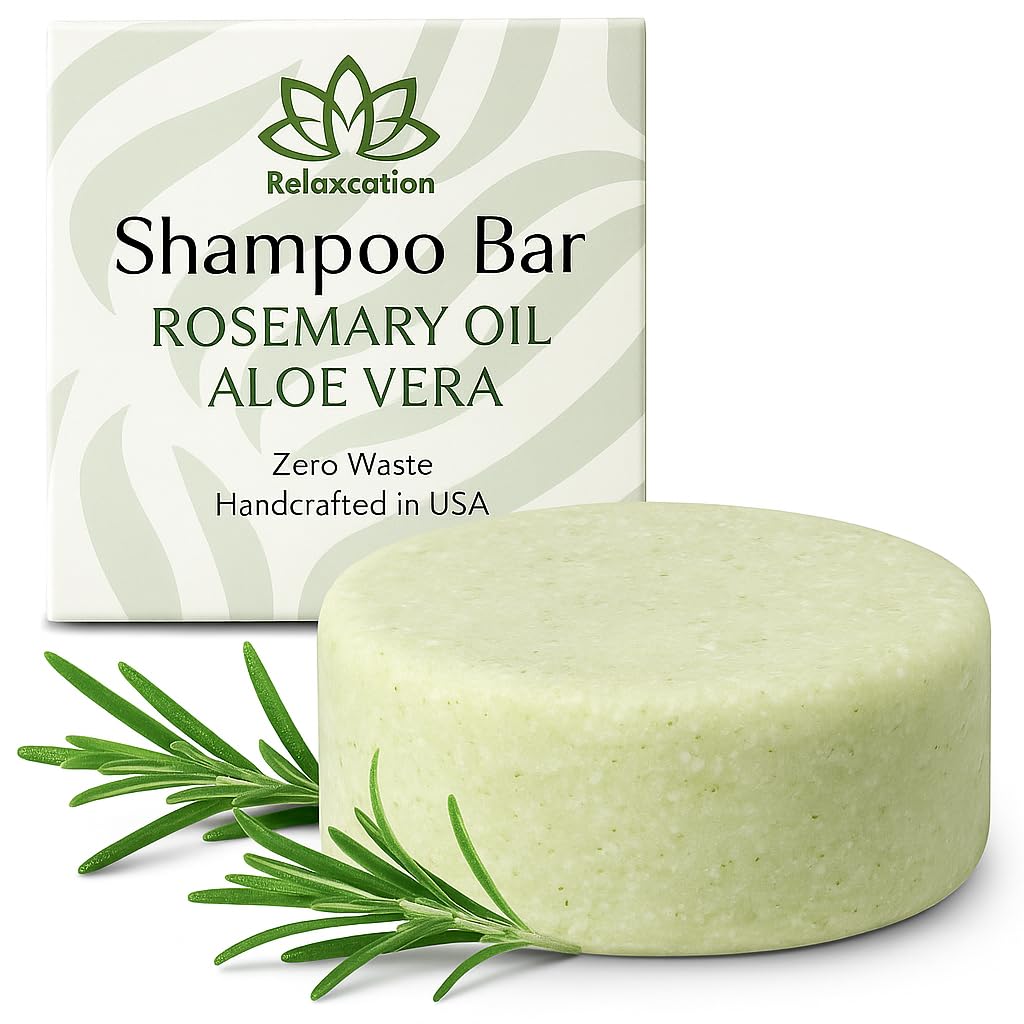 Relaxcation MADE IN USA Organic Rosemary and Aloe Vera Solid Shampoo Bar for Hair Growth, Refreshing and Hydrating | Herbal Shampoo with Rosemary, Peppermint, Castor Oil, Argan Oil, and Betaine