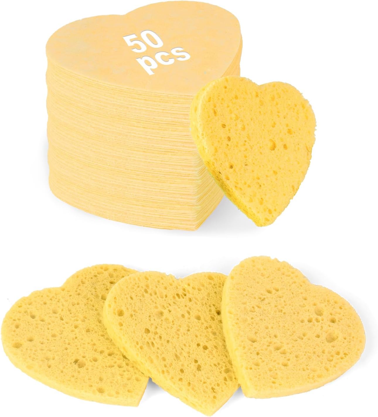 50-Count Heart Shape Compressed Facial Sponges,100% Natural Cellulose Face Sponge Spa Sponges for Removing Dead Skin, Dirt and Makeup(Yellow)