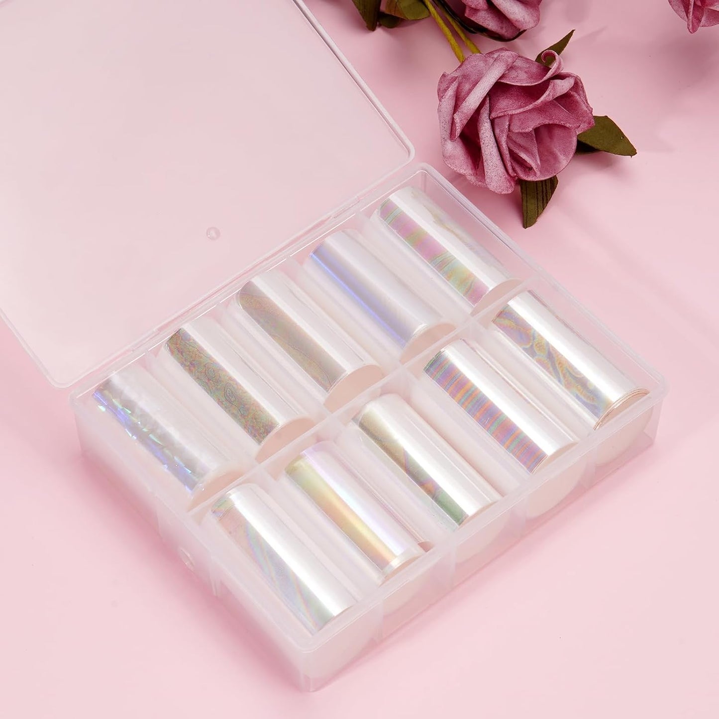 10 Sheets Holographic Nail Art Foil Transfer Stickers - Metallic Color Print Nail Decals 3D Self-Adhesive Stickers DIY Manicure Decoration Kit