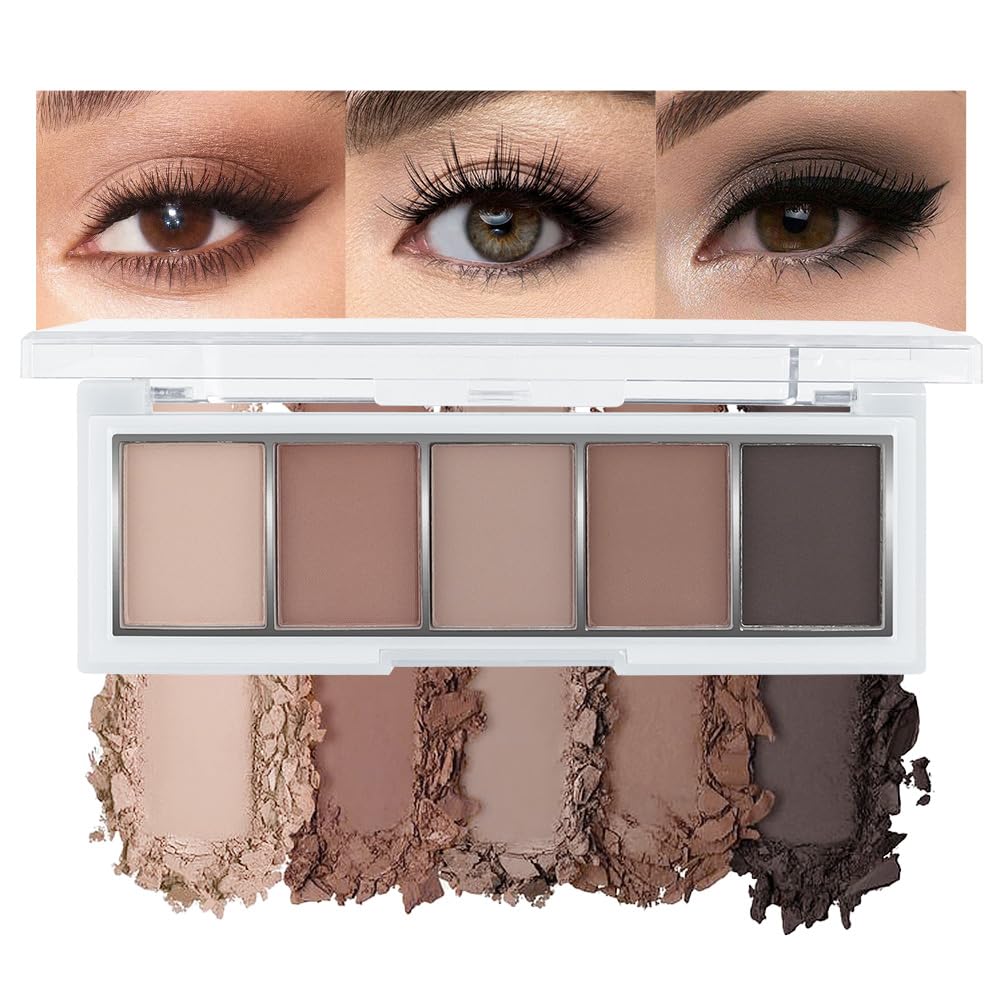 Neutral Nude Brown Eyeshadow Palette, 5 Matte Shades from Cream to Charcoal, Smooth Blendable Texture, Everyday to Smoky Glam Eye Makeup, Travel-Friendly Compact for Daily Looks 06#