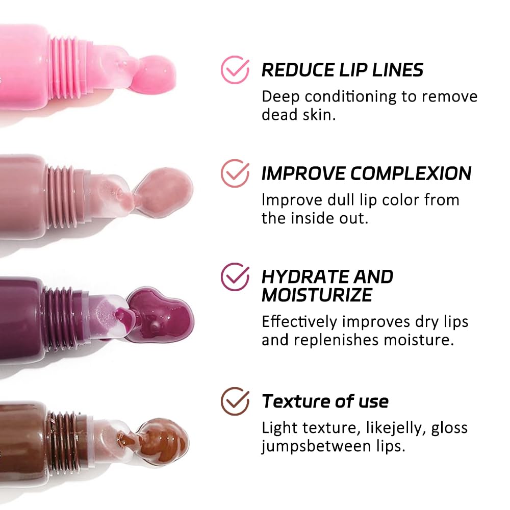 4Pcs Tinted Lip Balm Serum Makeup, Squeeze Hydrating Tint Lips Balms Serum Cosmetic, Women Care Glossy Nourishing Plumping Lip Stain Gloss Lipstick Suitable for dry lips, Set02(#3+#5+#6+#7)