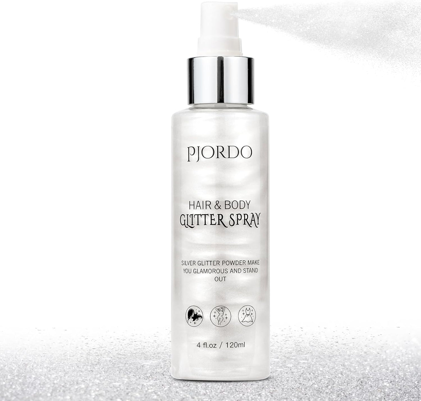 Body Glitter Spray, Silver Glitter Spray for Hair Body and Clothes, Shimmer Spray, Glitter Spray Highlighter Makeup for Festival Rave Stage Concert Party 4FL.OZ