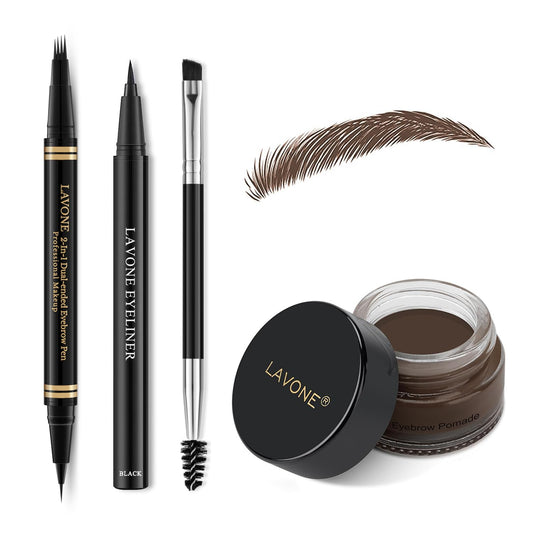 Makeup Kit with 4 Tip Waterproof Microblading Eyebrow Pencil, Eyeliner, Pomade and Dual-ended Eyebrow Brush - Dark Brunette