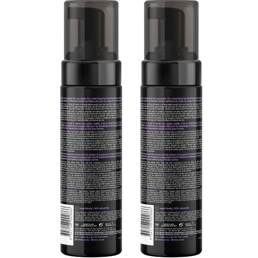 b.tan Violet Self Tanner Mousse Bundle | Love At First Tan - Best, 1 Hour Express Sunless Tanning Foam, Cancels Orange Tones, Dark Bronzing Glow, No Fake Tan Smell, Face & Body, 6.7 Fl Oz, Pack of 2