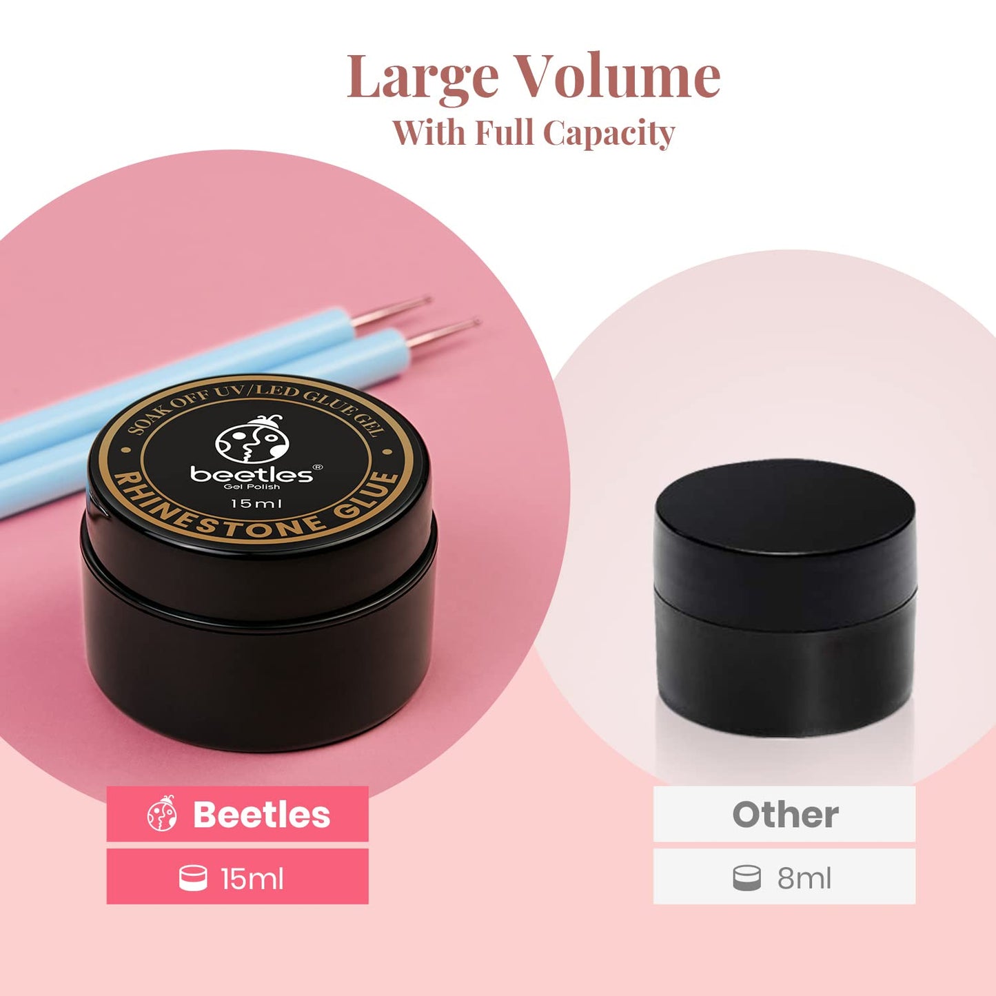 Beetles Rhinestone Glue for Nails with 2 Dual Purpose Brush Pen, 1Pcs 15ml Nail Glue for Nail Art Adhesive Resin Gems Diamonds Jewelry Decoration Soak Off Led Lamp Fall Nails Gifts for Women