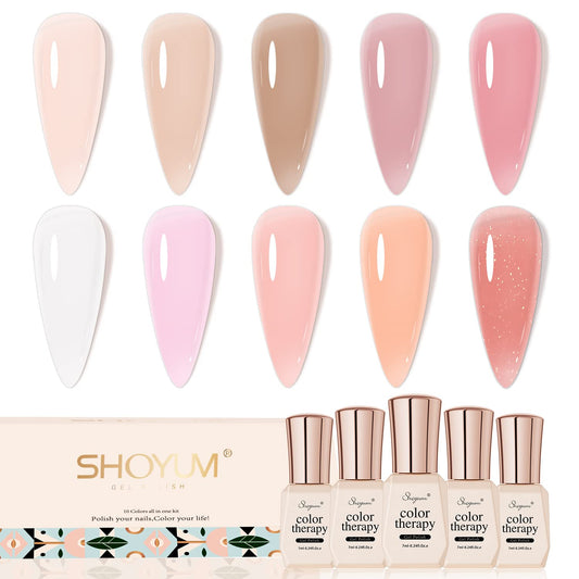 Jelly Pink Gel Nail Polish Set, 10 Colors Spring Summer Nude Kit Milky White Natural Gel, Soak Off LED DIY Art Salon Manicure Gifts for Girls.