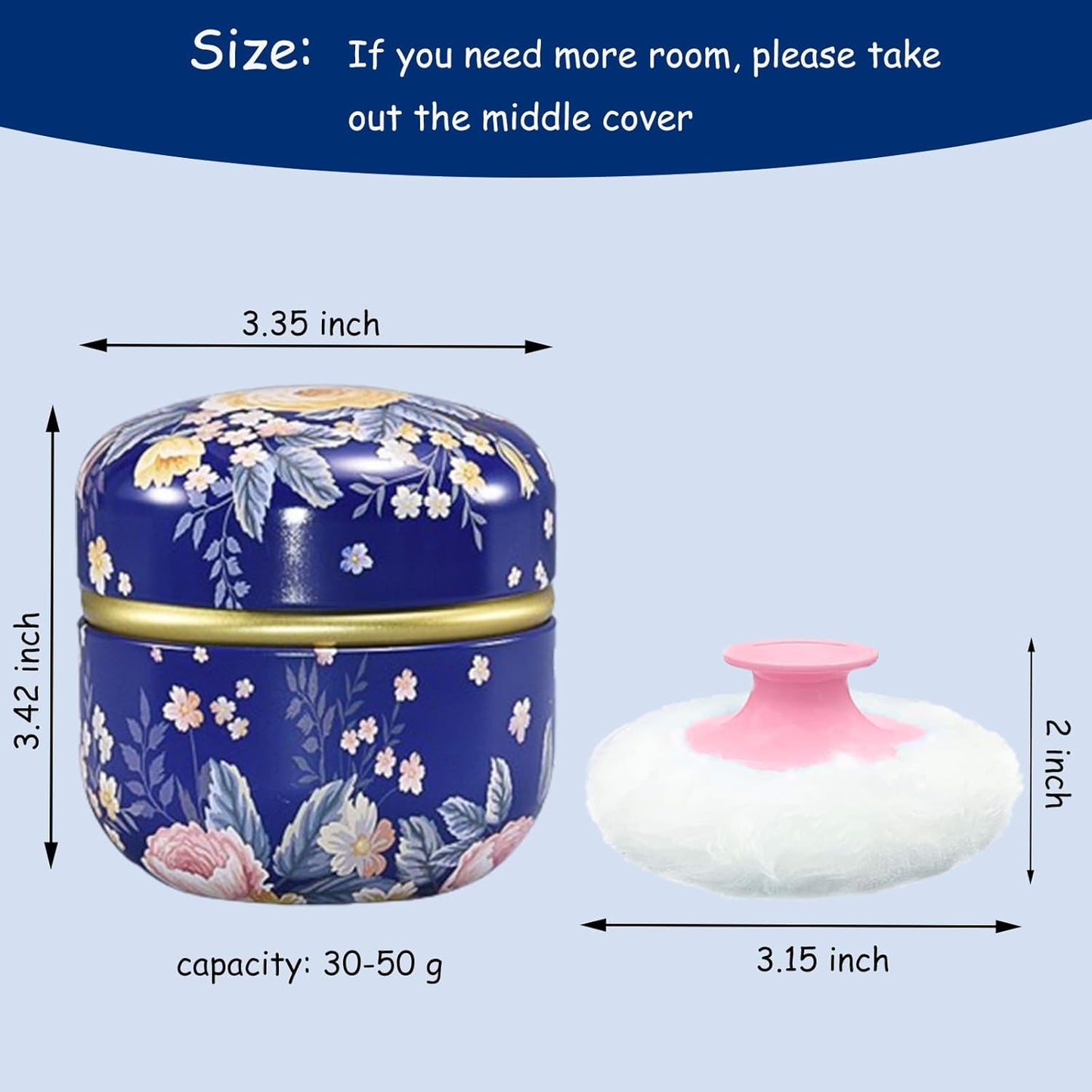 Body Powder Puff and Container for Dusting Powder, Women Powder Puff and Powder Case for Bath and Travel (Dark Blue)
