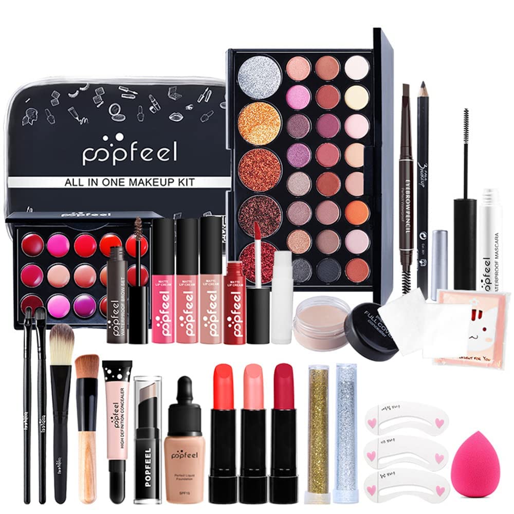 All In One Makeup Kit for Women Full Gift Surprise Makeup Set Includes Makeup Brush Set Eyeshadow Palette, Lip Gloss Set, Liquid Lipstick, Makeup Sponge, Foundation, Concealer, Eyebrow Pencil, Blush and etc (KIT004)