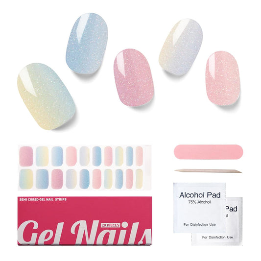 Semi Cured Gel Nail Strips, 20 PCS Gel Nail Stickers Work with UV Light, Salon Quality & Easy to Use - Dreamy Macarons