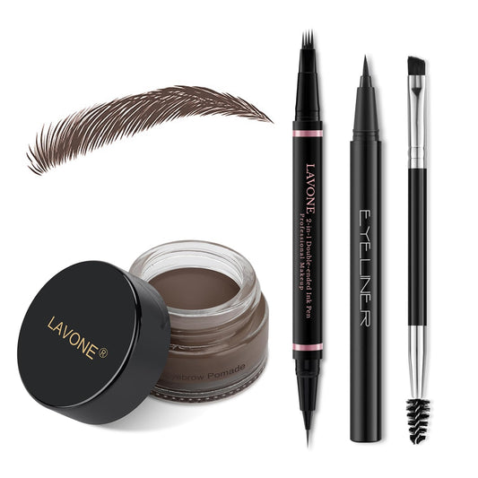 LAVONE Eyebrow Pencil Makeup Kit, with Waterproof 2-IN-1 Microblading Eyebrow Pen, Eyebrow Pomade, Eyeliner and Dual-ended Eyebrow Brush, Brow Pencil Kit for Natural Eyebrows - Black Brown