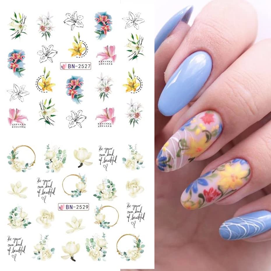 Flower Nail Art Stickers Decals Water Transfer Foils for Nails Art Supplies Spring Summer Tulips Butterfly Floral Design Acrylic Nail Stickers DIY Manicure Nail Decoration for Women 12 Sheets