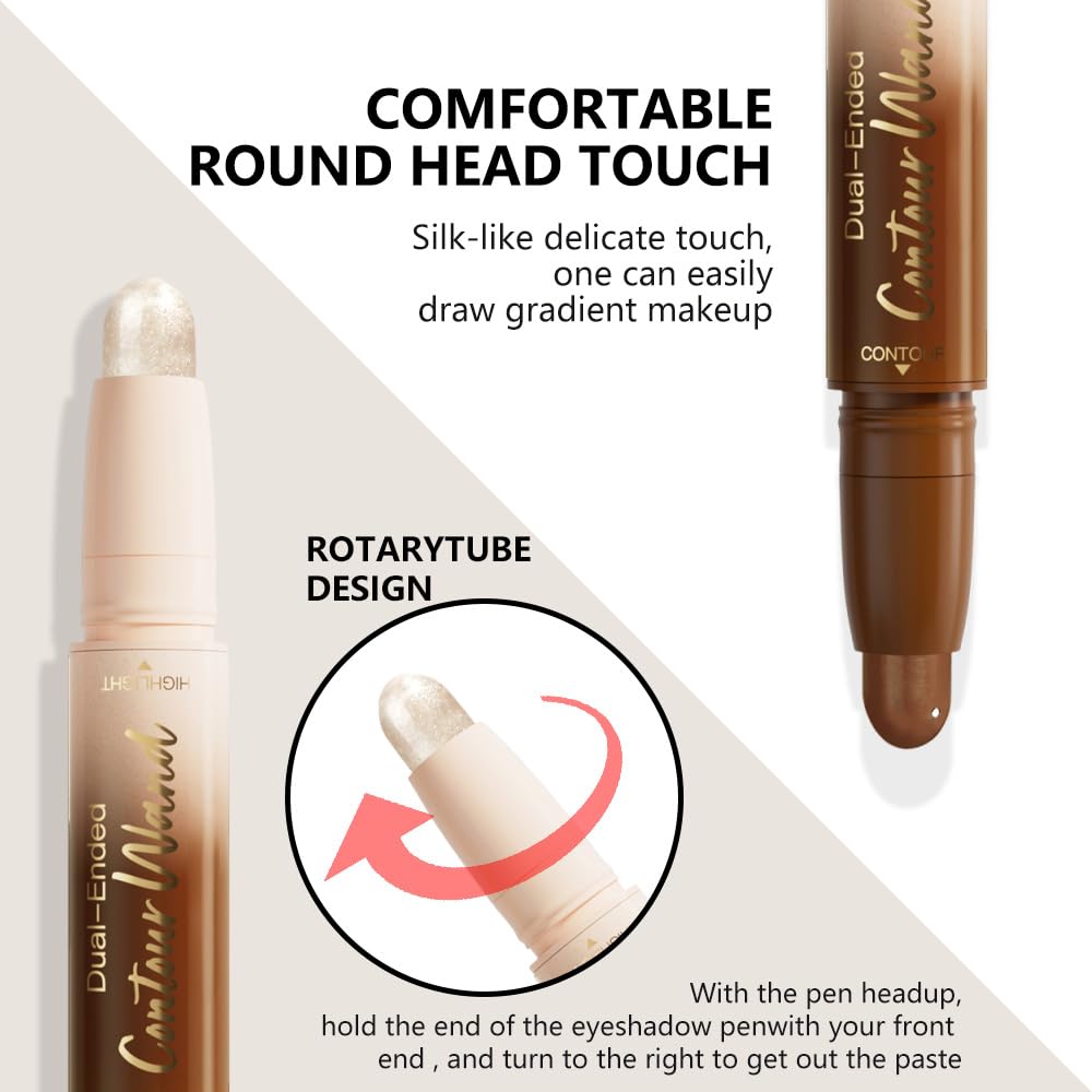 Dual-Ended 2-in-1 Cream Contour & Highlighter Stick – Waterproof, Long-Lasting for Face & Body Makeup, Suitable for All Skin Tones, 05#Nuetral Nude + Silver Shimmer