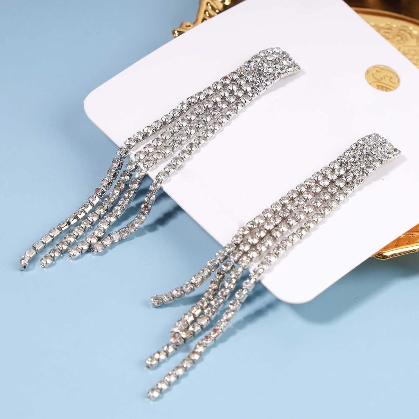 Boho Rhinestone Tassel Earrings Long Fringe Drop Dangle Earrings Silver Crystal Chain Tassel Earrings Vintage Chandelier Chain Studs Earrings Luxury Statement Earrings Jewelry for Women and Girls Gifts