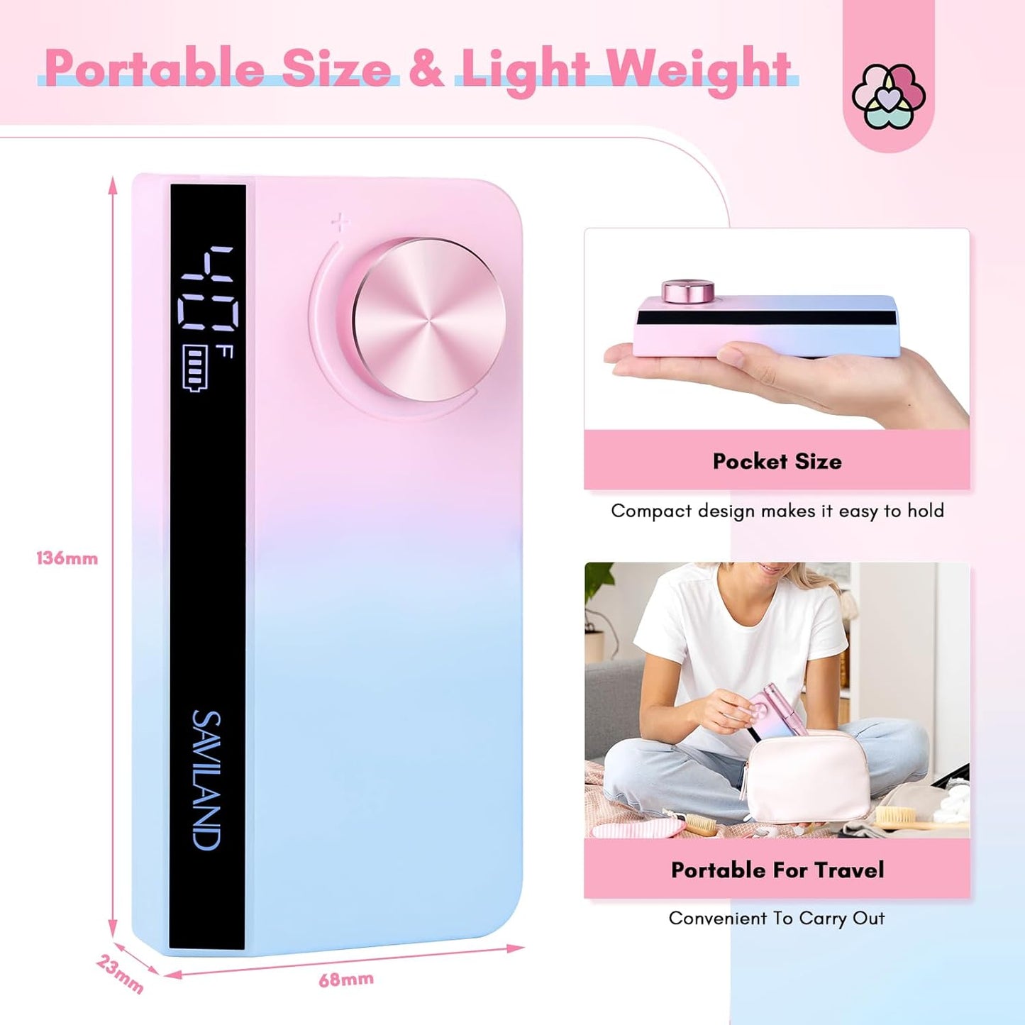 SAVILAND Portable Nail Drill Professional: 40000 RPM Upgrad E File 2024 Digital Pro Electric Cordless Fast Remover Anti-Shaking | Manicurist Nail Salon Superior Compactible for Acrylic Nails