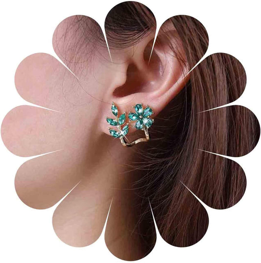 Vintage Emerald Flower Ear Cuff Earrings Green Crystal Flower Earrings Crystal Leaf Stud Earrings Emerald Leaf Earrings Jewelry for Women