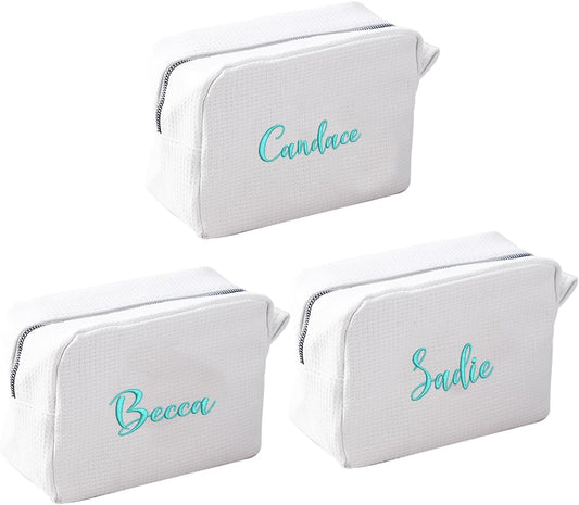 GOPHIE Personalized Embroidered Makeup Bag,Custom Waffle Fabric Cosmetic Pouch for Women, Travel Makeup Pouch (3, White)