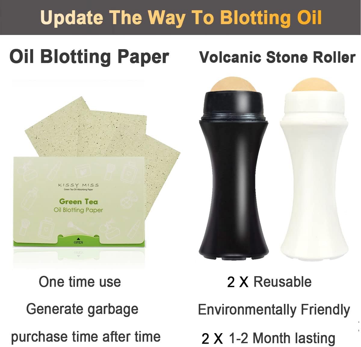 2Pcs Volcanic Face Roller Oil Control On The Go Oil-Absorbing Blotting Tool Natural Volcanic Roller Stone Ball (Black and White)