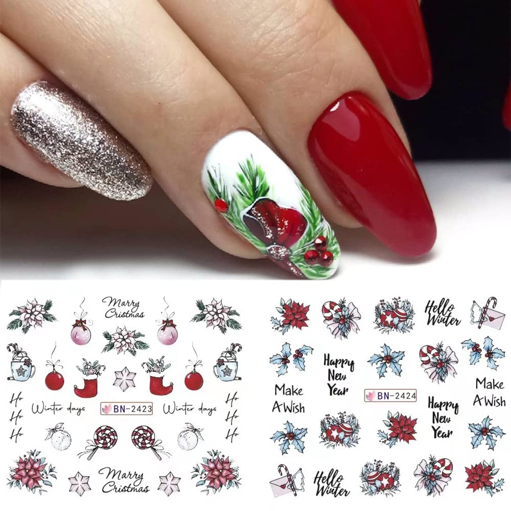 12 Sheets Christmas Nail Art Stickers Snowflake Water Transfer Nail Decals Holographic Gingerbread Man Snow Trees Winter Design Watermark Nail Foils Stickers for Women Xmas Nail Decorations