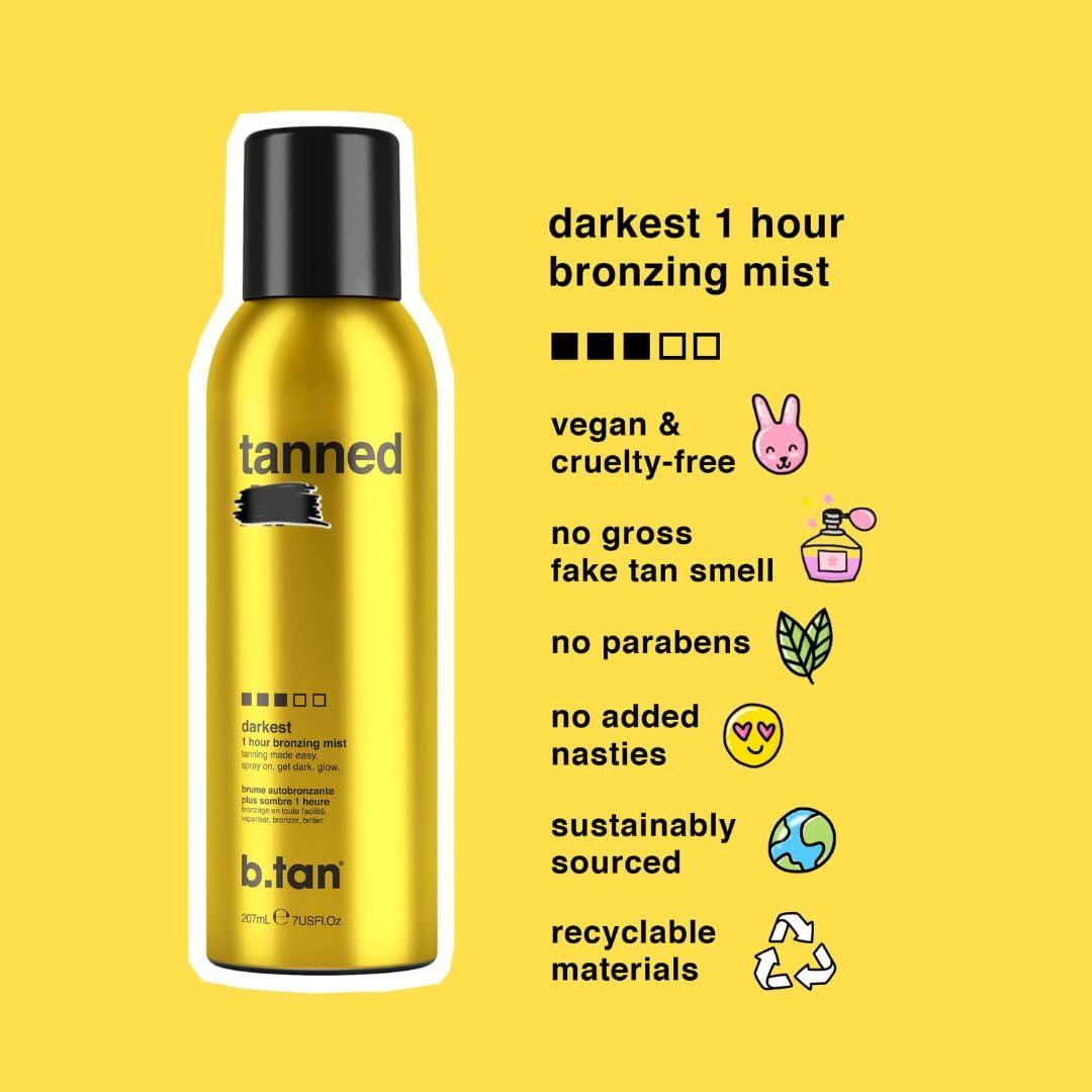 b.tan Self Tanner Bronzing Mist | Fast, 1 Hour Express Sunless Tanning Spray, No Fake Tan Smell, Dark Bronzing Glow, Face & Body, No Added Nasties, Vegan & Cruelty Free, 7 Fl Oz