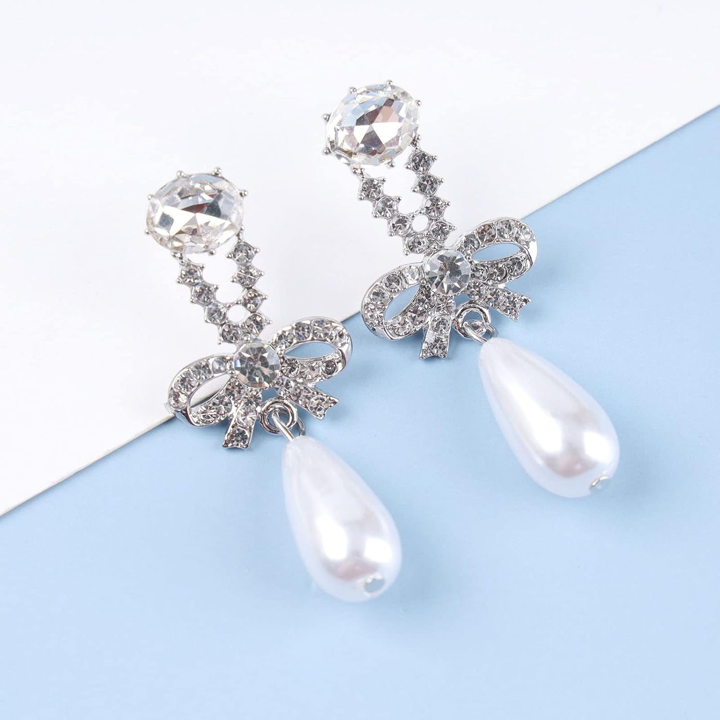 Vintage Teardrop Pearl Dangle Earrings Long Cz Pearl Drop Earrings Silver Crystal Bow Stud Earrings Rhinestone Pearl Bridal Earrings Jewelry for Women