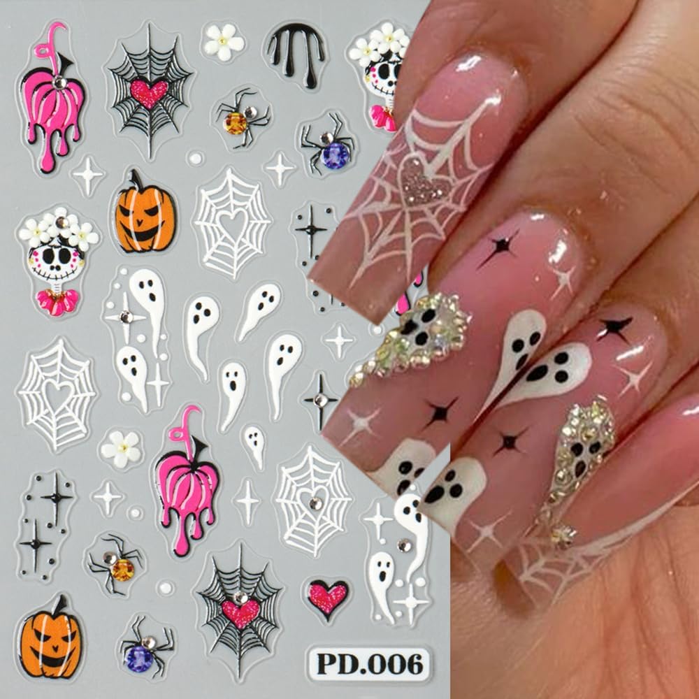 2Pcs Halloween Nail Stickers 5D Embossed Self Adhesive Day of The Dead Nail Decals with Cute Ghost Design Spider Web Pumpkin Nail Art Stickers Halloween Nail Supplies Nail Art Decoration for Women