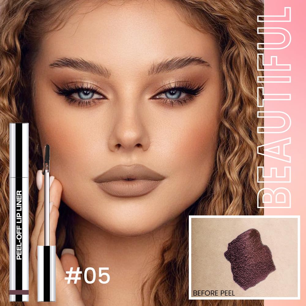 Matte Liquid Lip Stain Peel Off Lip liner Tattoo, Dark Brown Matte Peel Off Lip Stain, Long Lasting Waterproof Lipstick Lip Gloss Stain, Transfer-proof for All Skin Types, 0.12 fl oz 05#