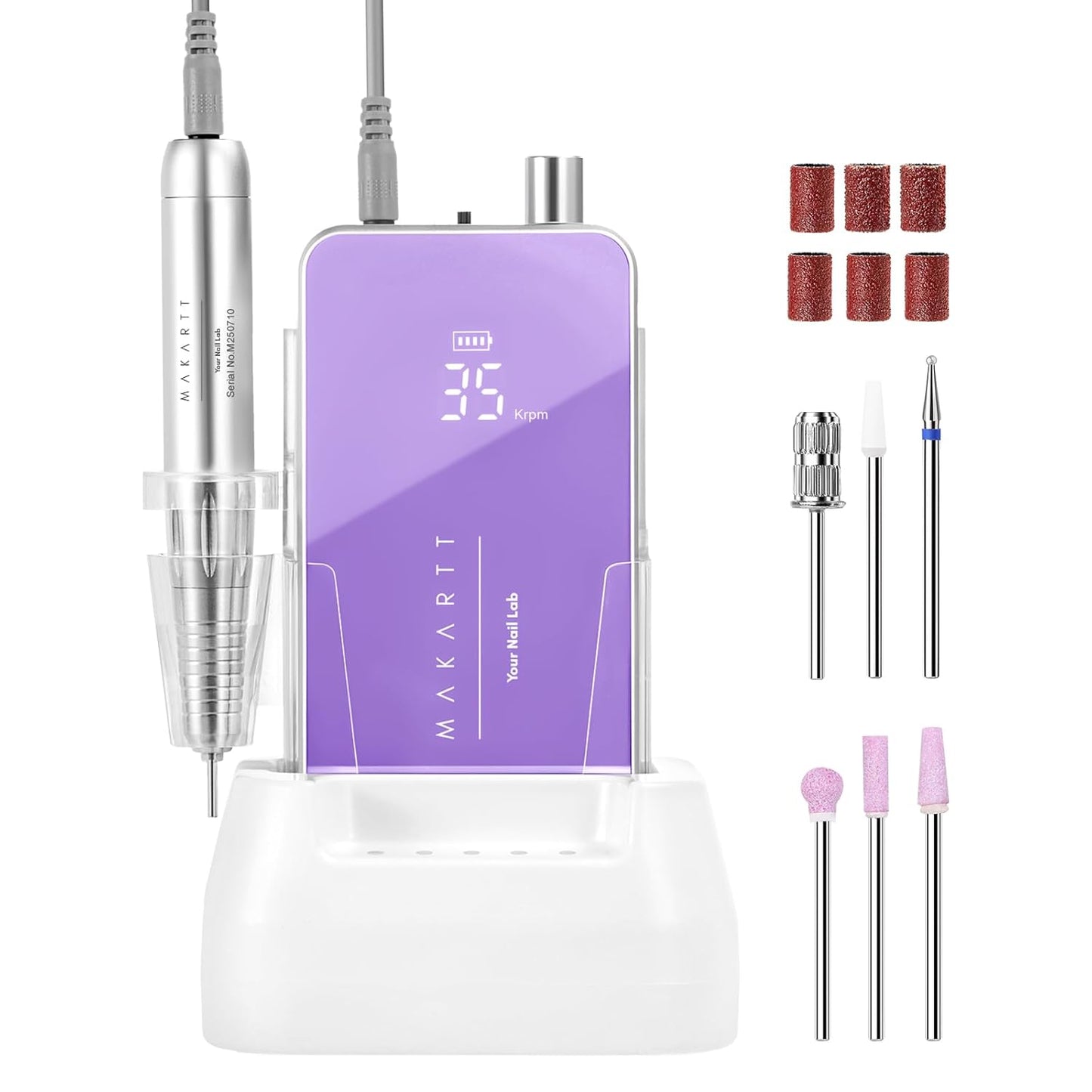 Makartt Professional Nail Drill - 35000RPM Electric Nail File with 60W Coreless Motor, 2 in 1 Desktop & Portable Rechargeable E File with Drill Bits and LCD Display, Nouvella Purple